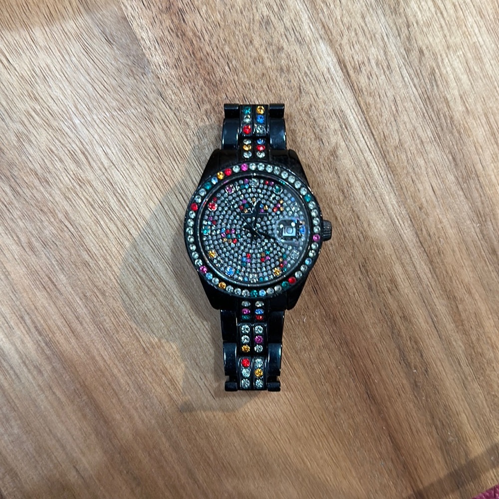 Toy watch black w/colorful stones